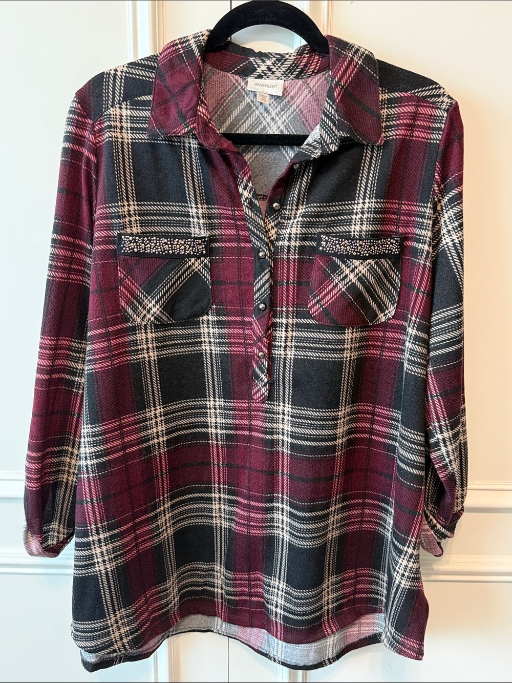 Avenue Burgundy and Black Plaid Button-Front Shirt
